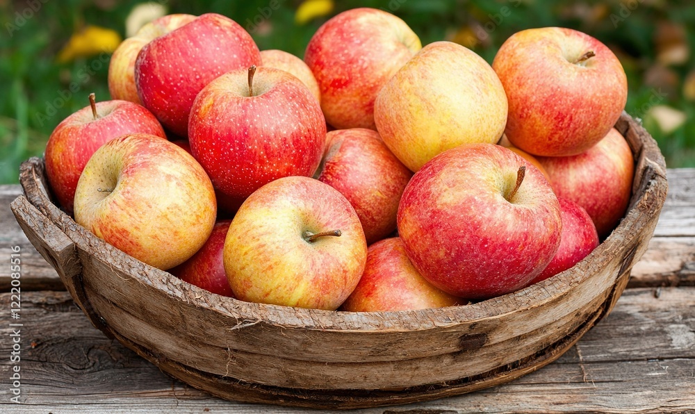 Freshly picked red apples in a wooden bowl on a rustic table, outdoor setting Freshly picked red apples in a wooden bowl on a rustic table, outdoor setting