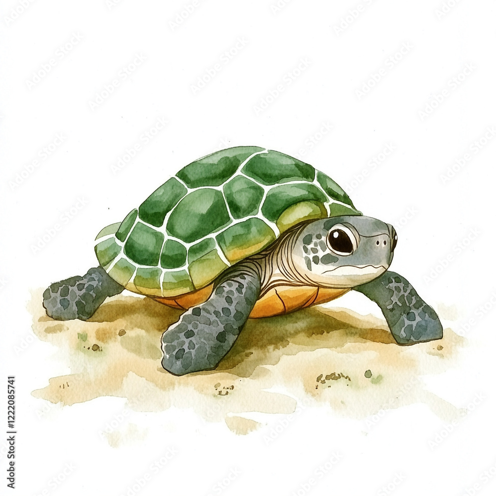 Fototapeta premium Minimalist Image of a Turtle Crawling on Soft Sand Isolated Against a Clean Background Perfect for Nature and Wildlife Themes Evoking Calmness and Serenity in a Simple Composition