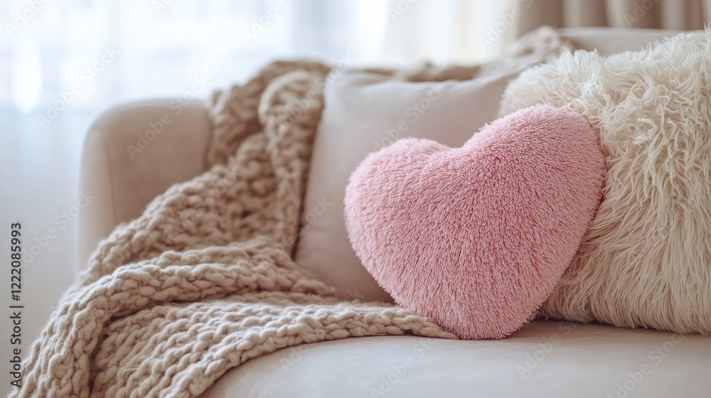 A cozy home scene featuring a pink heart-shaped pillow on a white sofa with a beige blanket, creating a warm and inviting atmosphere for lifestyle or interior design visuals A cozy home scene featuring a pink heart-shaped pillow on a white sofa with a beige blanket, creating a warm and inviting atmosphere for lifestyle or interior design visuals