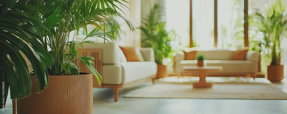 Obraz premium Indoor air quality minimalist idea. Cozy living room with plants, soft light, and furniture creating a welcoming atmosphere.