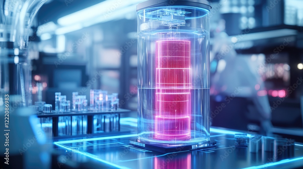A cutting-edge energy storage system displayed as a 3D hologram in a high-tech lab, demonstrating the latest in scientific research and technological advancements A cutting-edge energy storage system displayed as a 3D hologram in a high-tech lab, demonstrating the latest in scientific research and technological advancements