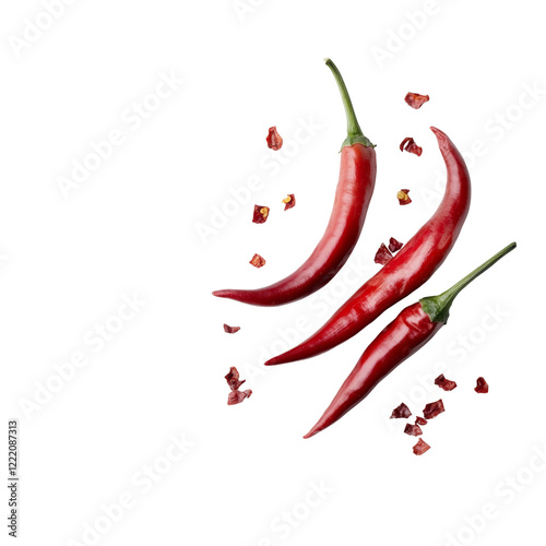 Three vibrant red chili peppers and their flakes fall against a black background showcasing their intense color and spicy nature.