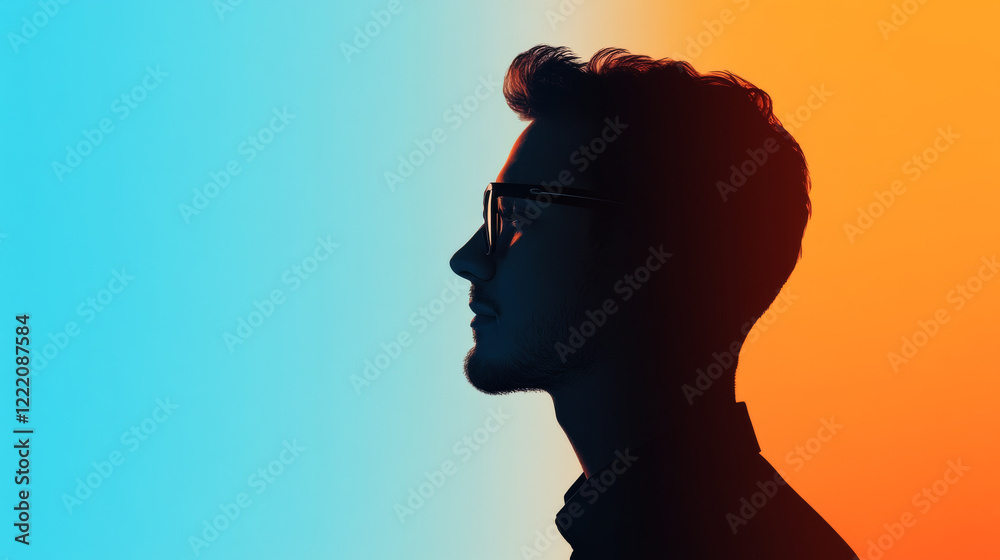 A modern portrait depicts a man in glasses in silhouette, showcasing a vibrant gradient background transitioning between blue and orange, symbolizing contrast, individuality, and creativity. A modern portrait depicts a man in glasses in silhouette, showcasing a vibrant gradient background transitioning between blue and orange, symbolizing contrast, individuality, and creativity.