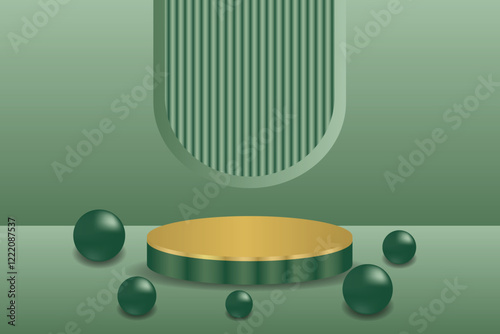 3D gold podium surrounded by metallic green balls, green gradient background with vertical texture elements, mockup appearance, giving a futuristic and modern feel.