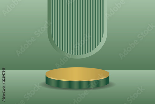 3D cylindrical gold podium, green gradient background with vertical texture elements, mockup appearance, giving a futuristic and modern feel.