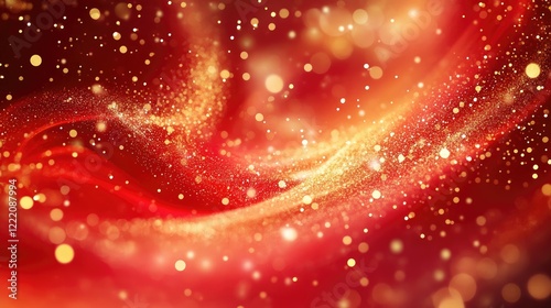 A dynamic red liquid with golden sparkles swirling in an abstract, galaxy-like pattern, producing a stunning and vivid visual experience