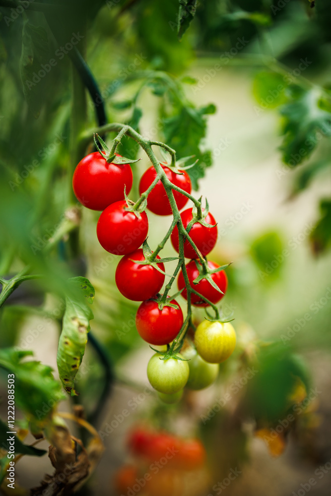 Cherry tomato plant in vegetable garden. Closeup of ripening tomatoes in organic farm Cherry tomato plant in vegetable garden. Closeup of ripening tomatoes in organic farm