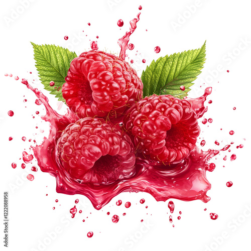 Three ripe raspberries burst with juice creating a vibrant splash against a black background.
