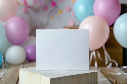 Blank Card on Wooden Block Surrounded by Colorful Balloons