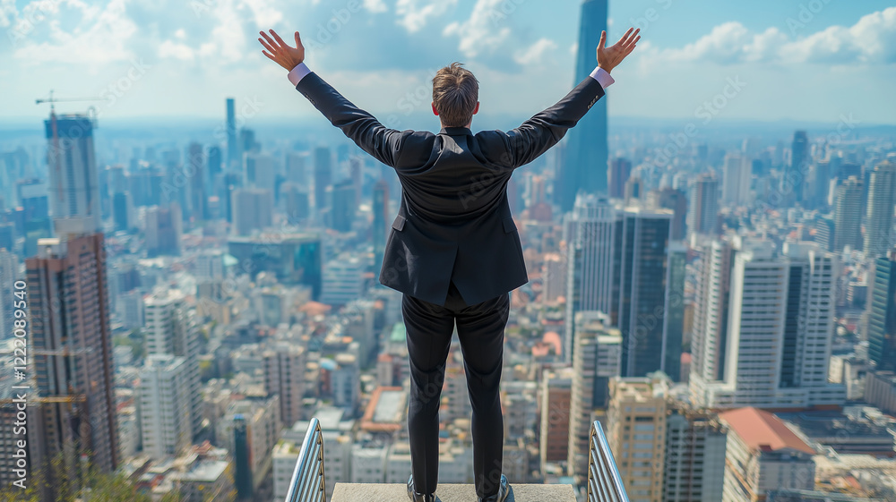 Businessman standing at the top of a staircase, overlooking a bustling cityscape. Businessman standing at the top of a staircase, overlooking a bustling cityscape.