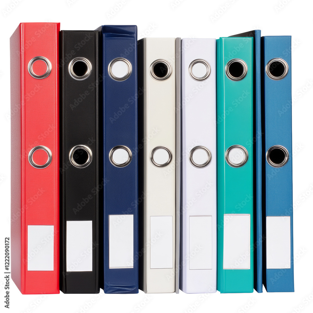 A row of colorful lever arch files stands neatly together showcasing various colors and blank labels. A row of colorful lever arch files stands neatly together showcasing various colors and blank labels.