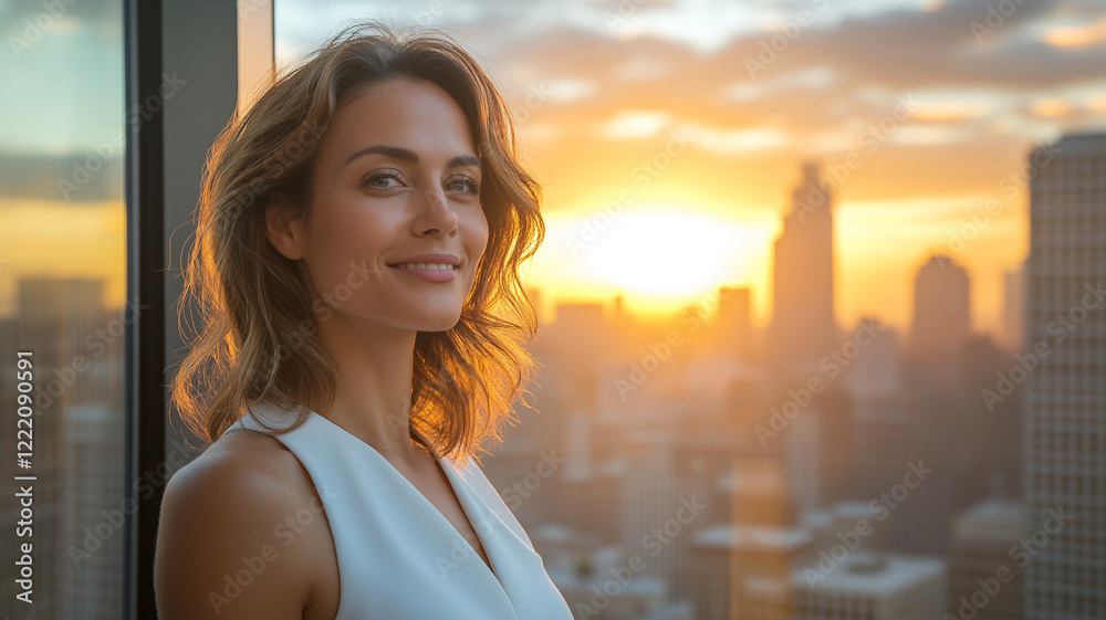 Fototapeta premium Businesswoman smiling with confidence as the sunrise illuminates the city.