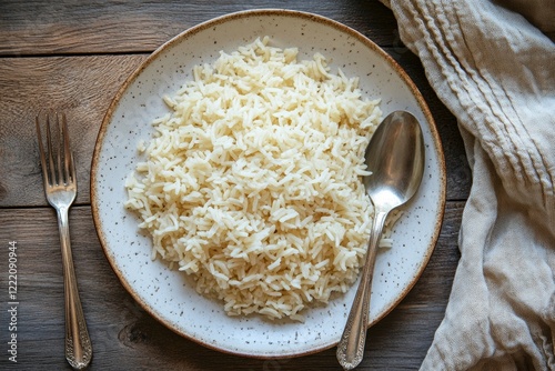 Fried rice on a central plate, with a spoon and fork beside, Focus on one dish in the center of the frame with supporting elements around photo