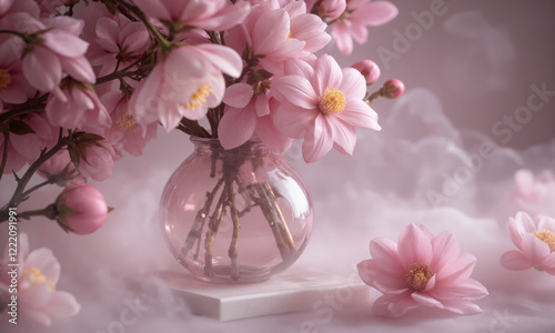 Camellias (Camellia) vintage-inspired etched glass vase with pale pink water, holding a bouquet of perfectly round camellia blossoms in soft