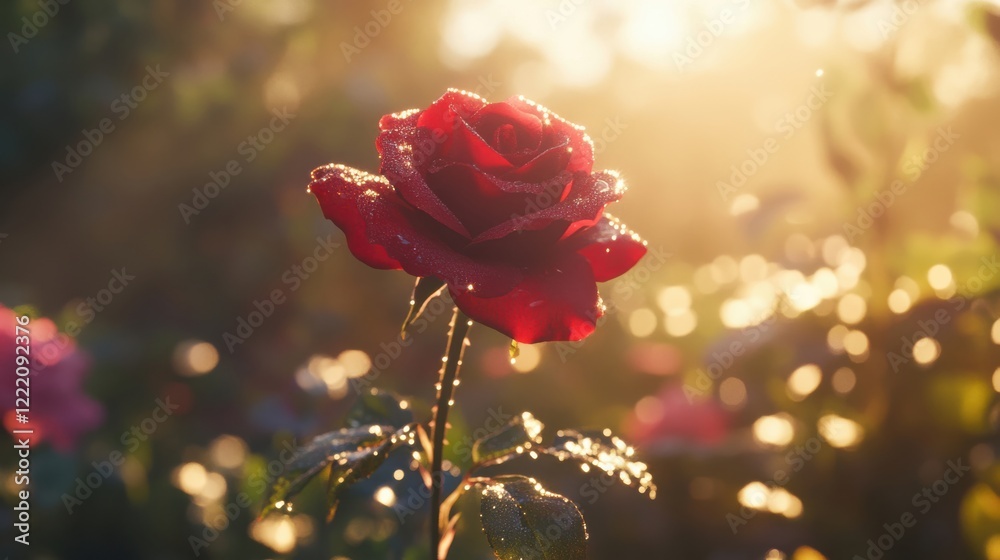 Obraz premium Beautiful Red Rose in Morning Light with Dew Drops on Petals