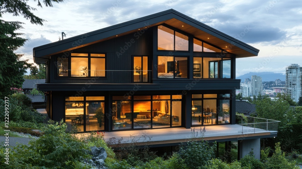 Fototapeta premium Modern Black House with Large Windows and Scenic Urban View