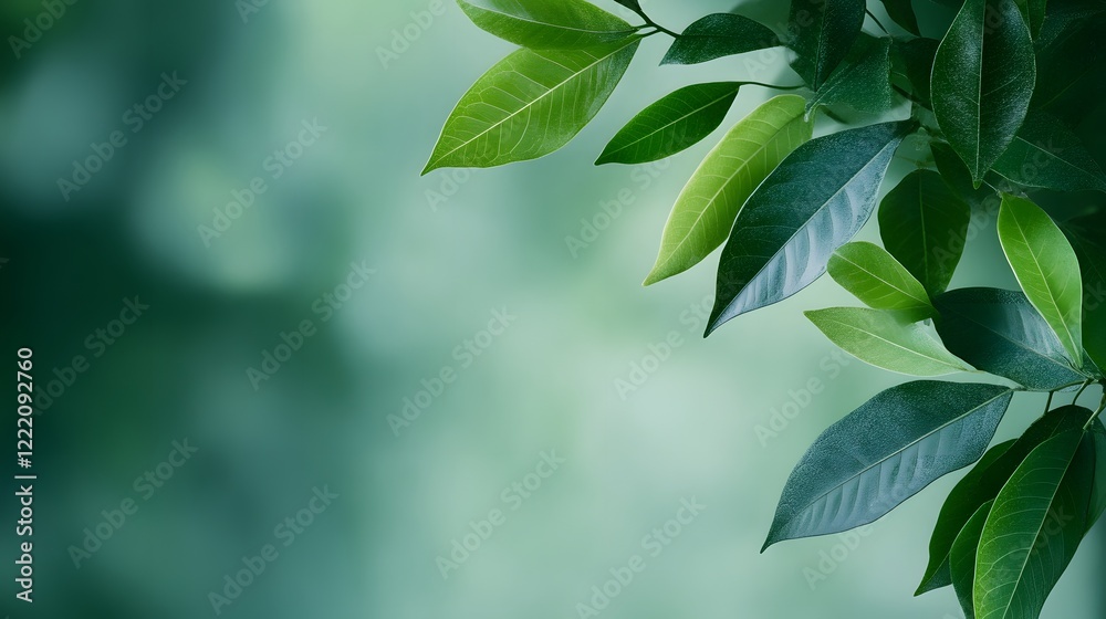 Green leaf on a branch in natural environment macro close-up of fresh leaves with soft light and textures Green leaf on a branch in natural environment macro close-up of fresh leaves with soft light and textures