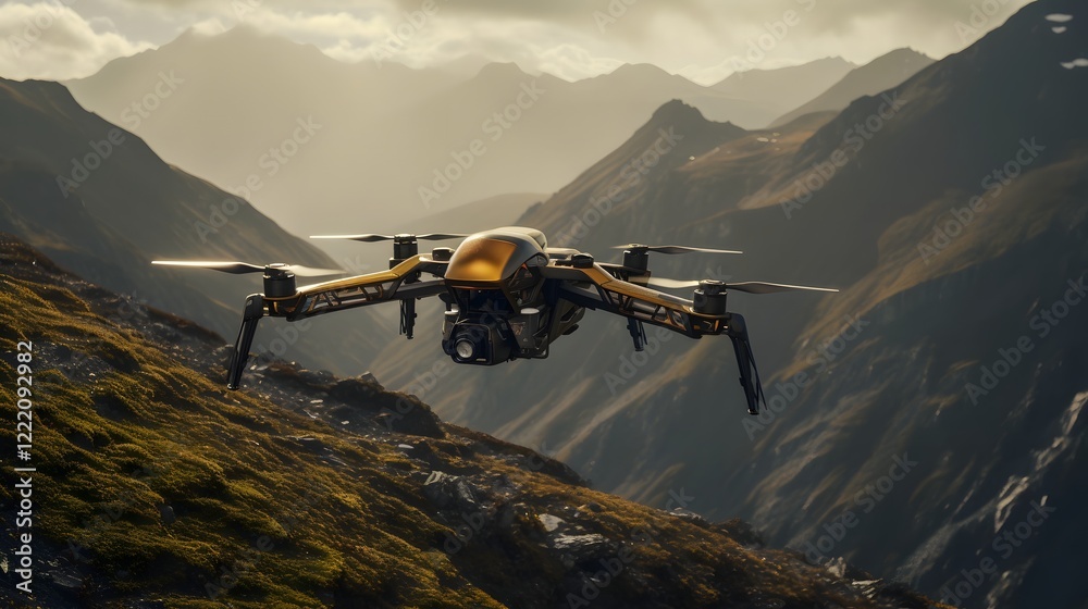 A Kevlar reinforced drone gliding gracefully through the skies surveying the rugged picturesque landscape below A Kevlar reinforced drone gliding gracefully through the skies surveying the rugged picturesque landscape below