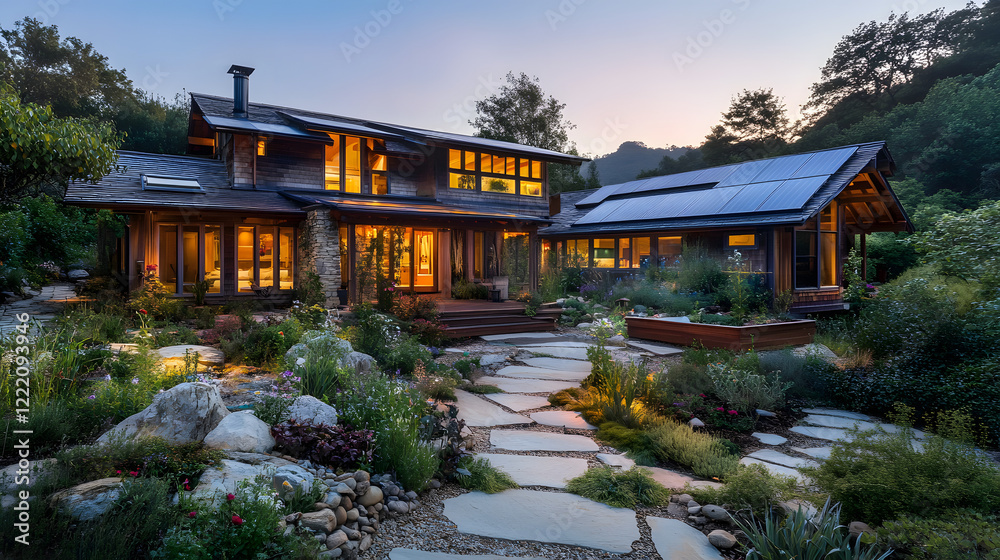 An energy-efficient home with solar panels, an organic garden, and rainwater harvesting system, designed to be eco-friendly and sustainable. An energy-efficient home with solar panels, an organic garden, and rainwater harvesting system, designed to be eco-friendly and sustainable.
