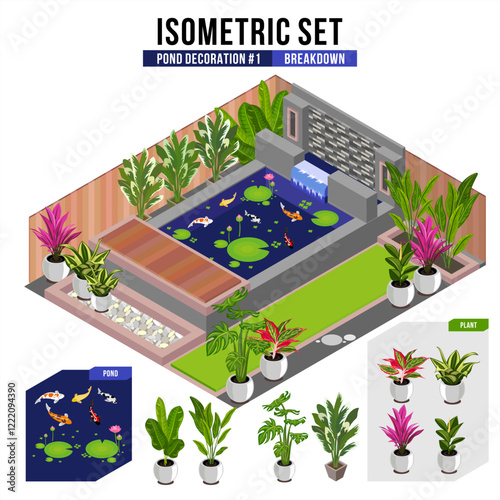 Isometric set of decorative Koi Pond With Lotus on it surface and waterfall, showing beautiful, elegant, cozy , and relaxing feel. Come with many plant and some variant of koi fish