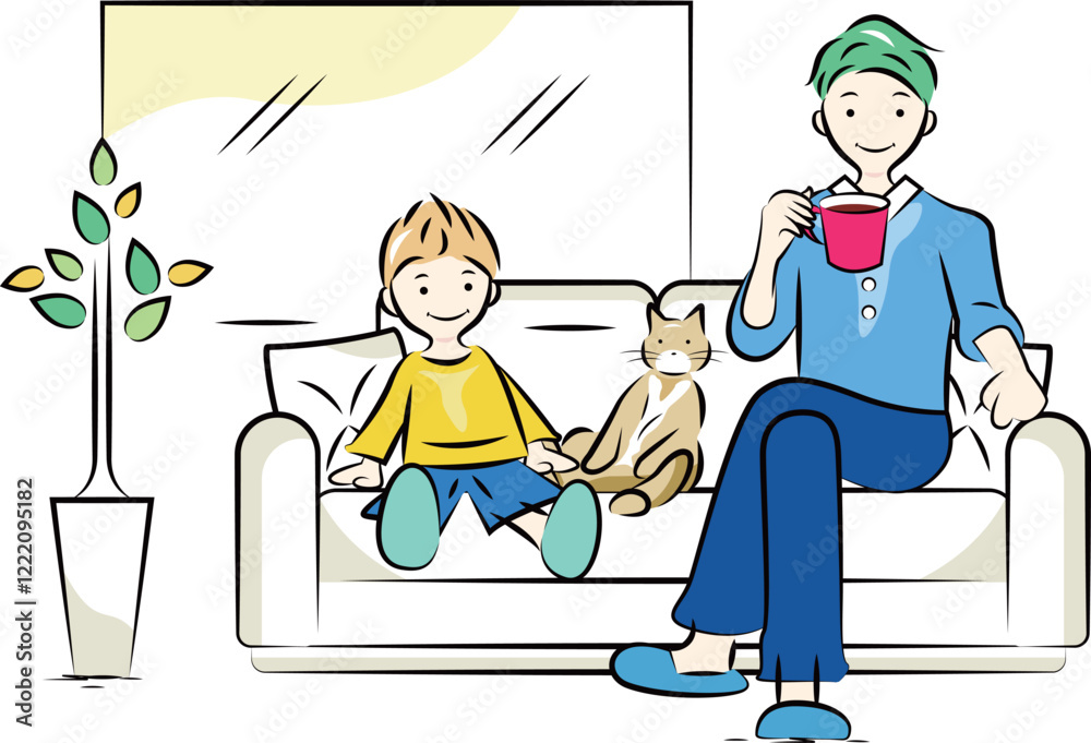 リビングのソファでくつろぐ親子(パパ,子ども,猫)|家族シリーズ リビングのソファでくつろぐ親子(パパ,子ども,猫)|家族シリーズ