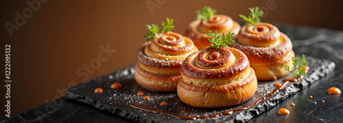 Gourmet kanelbullar with caramel drizzle on elegant slate board, indulgence photo