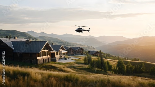Aerial view of a luxury mountain resort with a grand wooden lodge surrounded by a picturesque landscape of rolling hills forests and a helicopter flying overhead at sunset