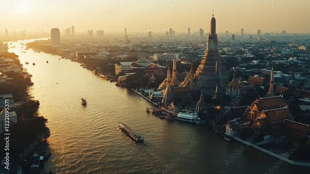 Naklejka premium A stunning aerial view of the Chao Phraya River in Bangkok, with the Grand Palace, Wat Arun Temple, and the city's bustling skyline, reflecting the cultural and business hub of Thailand