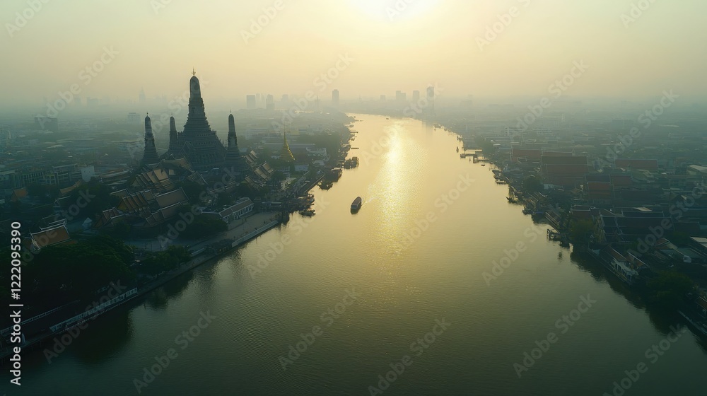 Fototapeta premium A stunning aerial view of the Chao Phraya River in Bangkok, with the Grand Palace, Wat Arun Temple, and the city's bustling skyline, reflecting the cultural and business hub of Thailand