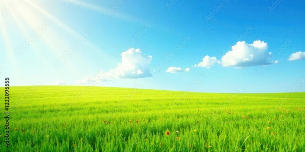 Obraz premium Serene Meadow Landscape Sunbeams Illuminate Vibrant Green Grass Under a Cloud-Dappled Sky