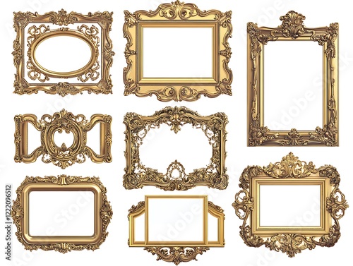 Baroque Style Set of Three Gold Frames with Elaborate Floral Carvings on Black Background, Ornate Rectangular Vintage Frames for Classic Art Display