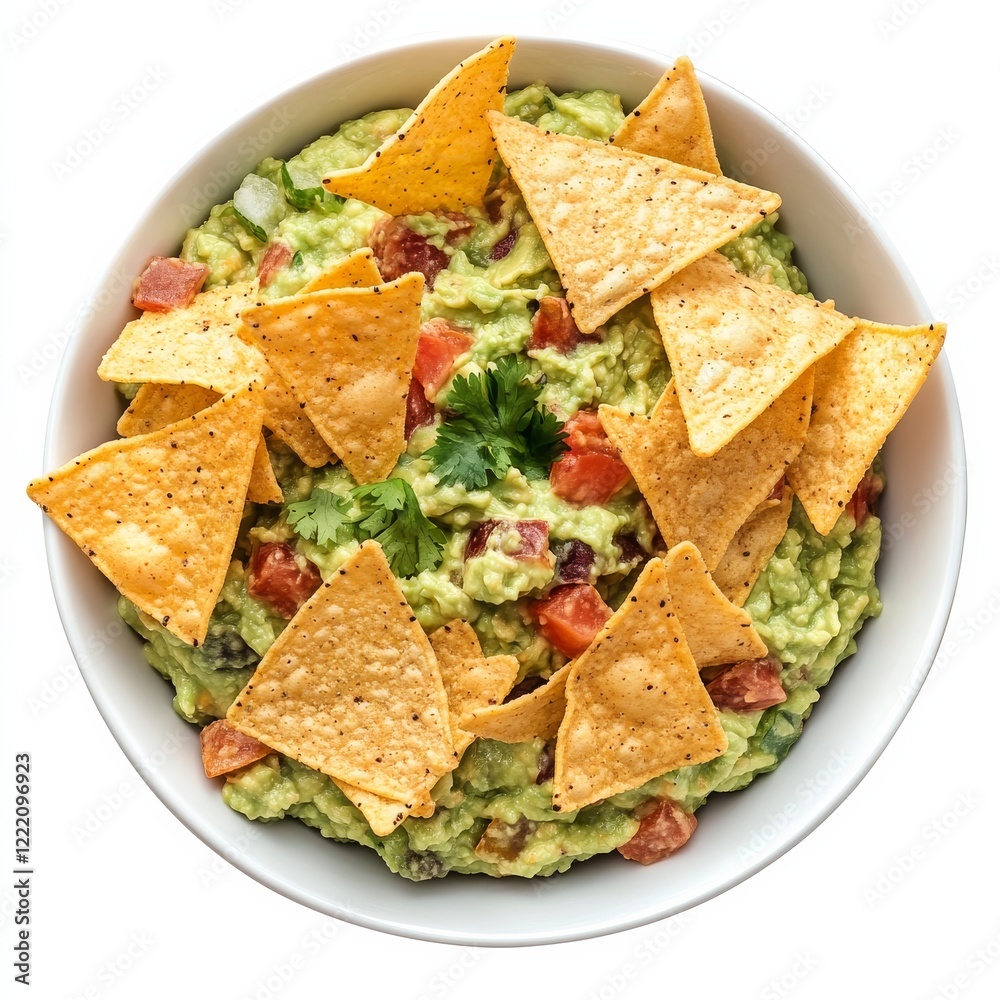 A bowl of creamy guacamole with crispy tortilla chips, isolated white background, surrealism art style A bowl of creamy guacamole with crispy tortilla chips, isolated white background, surrealism art style