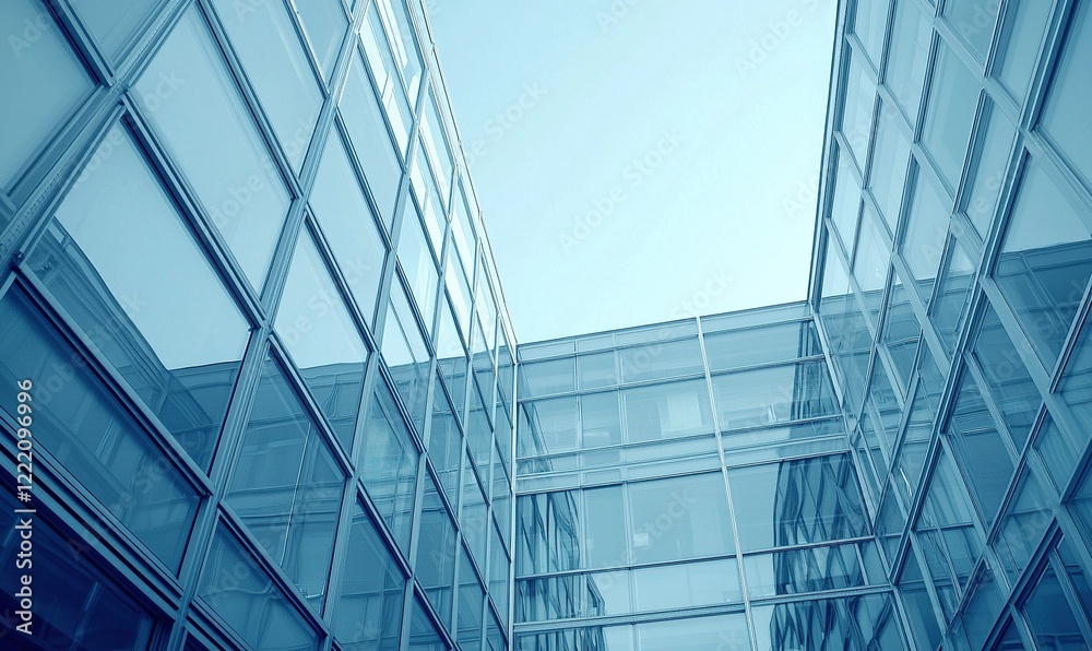 Modern glass office building exterior, low angle view with blue sky Modern glass office building exterior, low angle view with blue sky