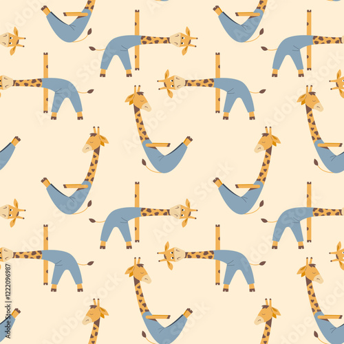 Seamless pattern with cute cartoon giraffes in yoga poses. Vector repeat texture for kids textile. Funny animals wallpaper.