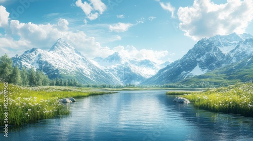 Fototapeta Naklejka Na Ścianę i Meble -  Majestic snowy mountains reflecting in a serene lake surrounded by lush green meadows and trees under a bright blue cloudy sky