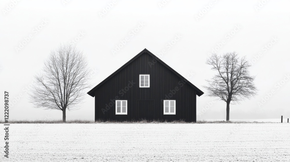 Minimalist Black House with Trees in a Snowy Landscape Minimalist Black House with Trees in a Snowy Landscape