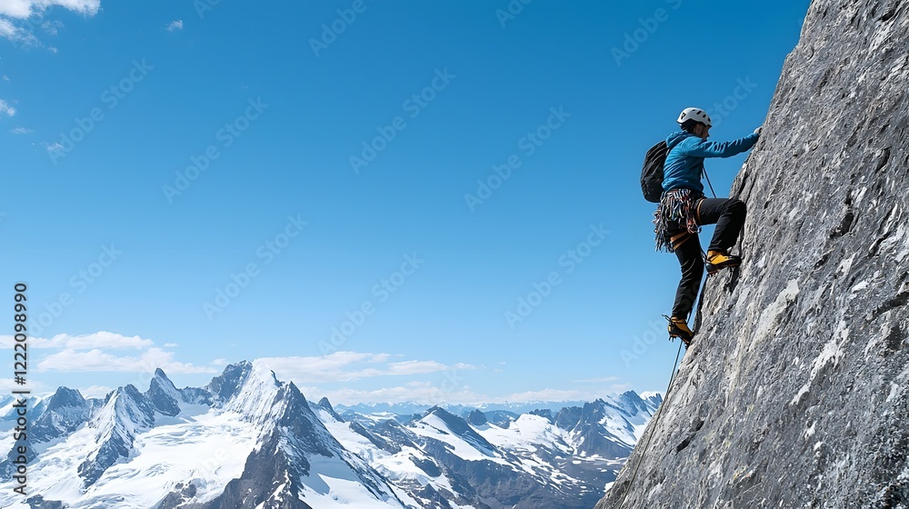 Daring and courageous mountain climber scaling a vertical cliff face with breathtaking snow capped peaks in the stunning alpine landscape This image captures the thrill risk Daring and courageous mountain climber scaling a vertical cliff face with breathtaking snow capped peaks in the stunning alpine landscape This image captures the thrill risk