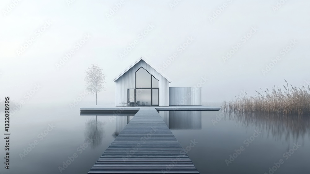 Serene Modern House on Calming Water Surface with Misty Background Serene Modern House on Calming Water Surface with Misty Background
