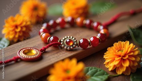 Elegant Rakhi with Beads and Ornaments on Wooden Surface with Marigold Flowers

 photo