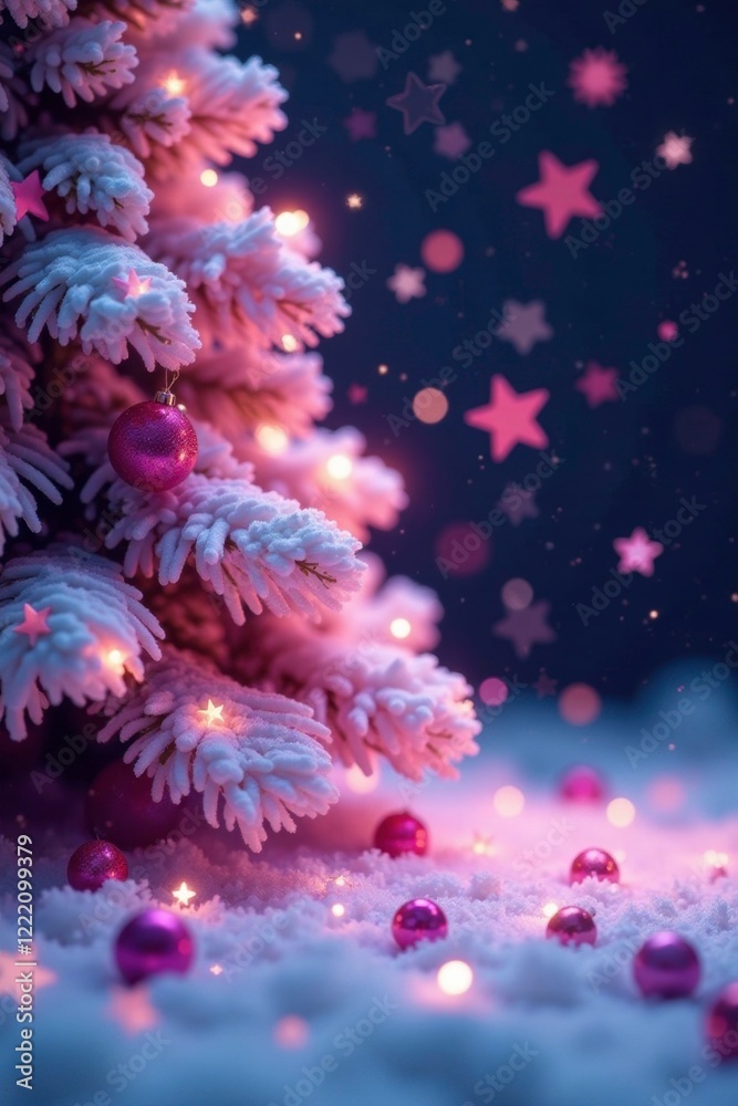 Pink and purple shiny star confetti falling on a snowy Christmas tree, festive, holiday Pink and purple shiny star confetti falling on a snowy Christmas tree, festive, holiday