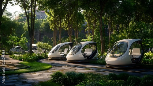 Eco Friendly Smart City with Shared Electric Autonomous Vehicles Parked in Designated Areas Surrounded by Green Landscape and Modern Architecture
