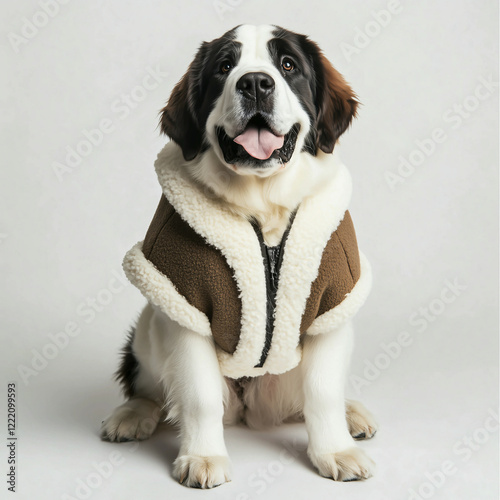 Charming St. Bernard dog in a cozy brown coat posing happily indoors photo