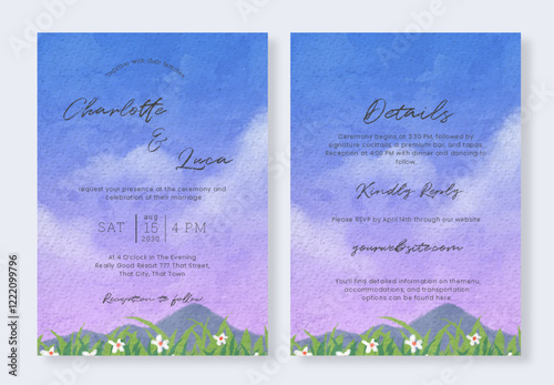 Set of Wedding Invitation with Watercolor Pink Blue Sky and Floral Field Nature Landscape