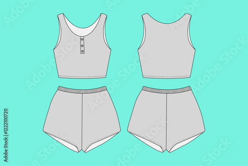 Women nightwear tank top short set fashion flat sketch outline drawing template CAD.