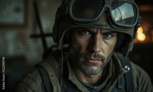 Intense male soldier in wartime setting