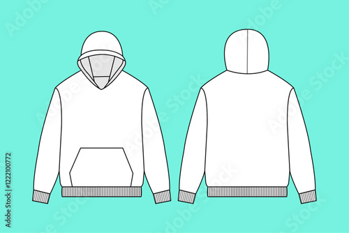  Men's hoodie flat sketch outline drawing