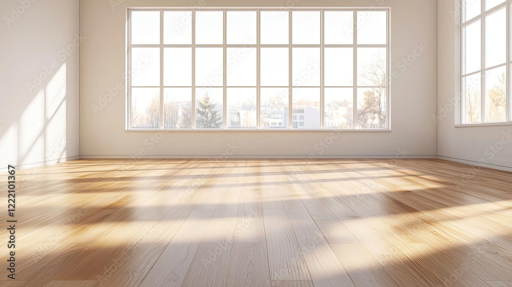 Obraz premium Minimalist home concept. Bright and spacious interior with large windows and wooden floor, perfect for modern design.