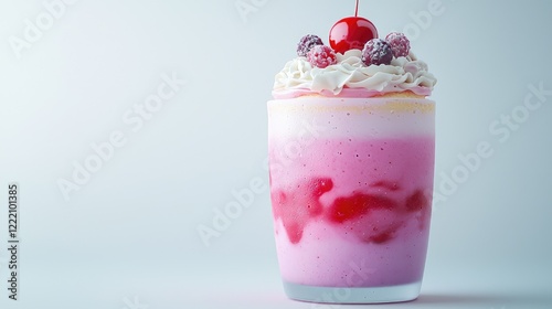 Pink layered milkshake with whipped cream and berries. Delicious dessert drink, studio shot photo