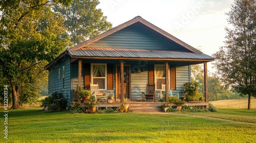 a cozy bungalow featuring a welcoming front porch and rocking chairs.