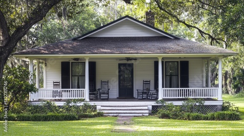 a cozy bungalow featuring a welcoming front porch and rocking chairs.